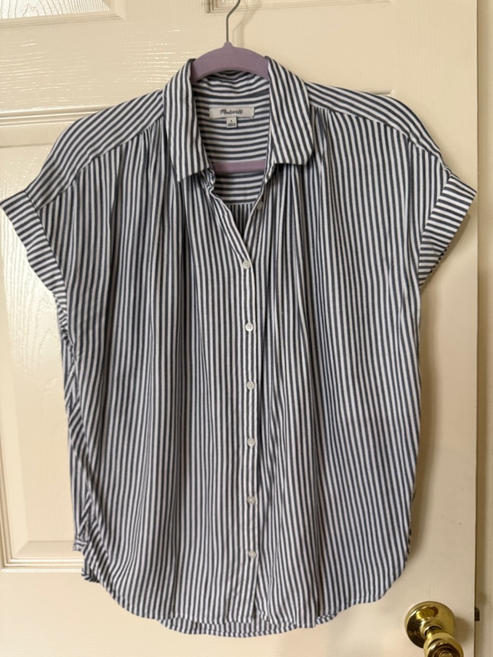 Madewell Navy & White Vertical Stripe Short-Sleeve Button Down